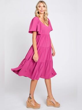 Pink blush maternity Flutter Sleeve Tiered Midi Dress in Fuchsia